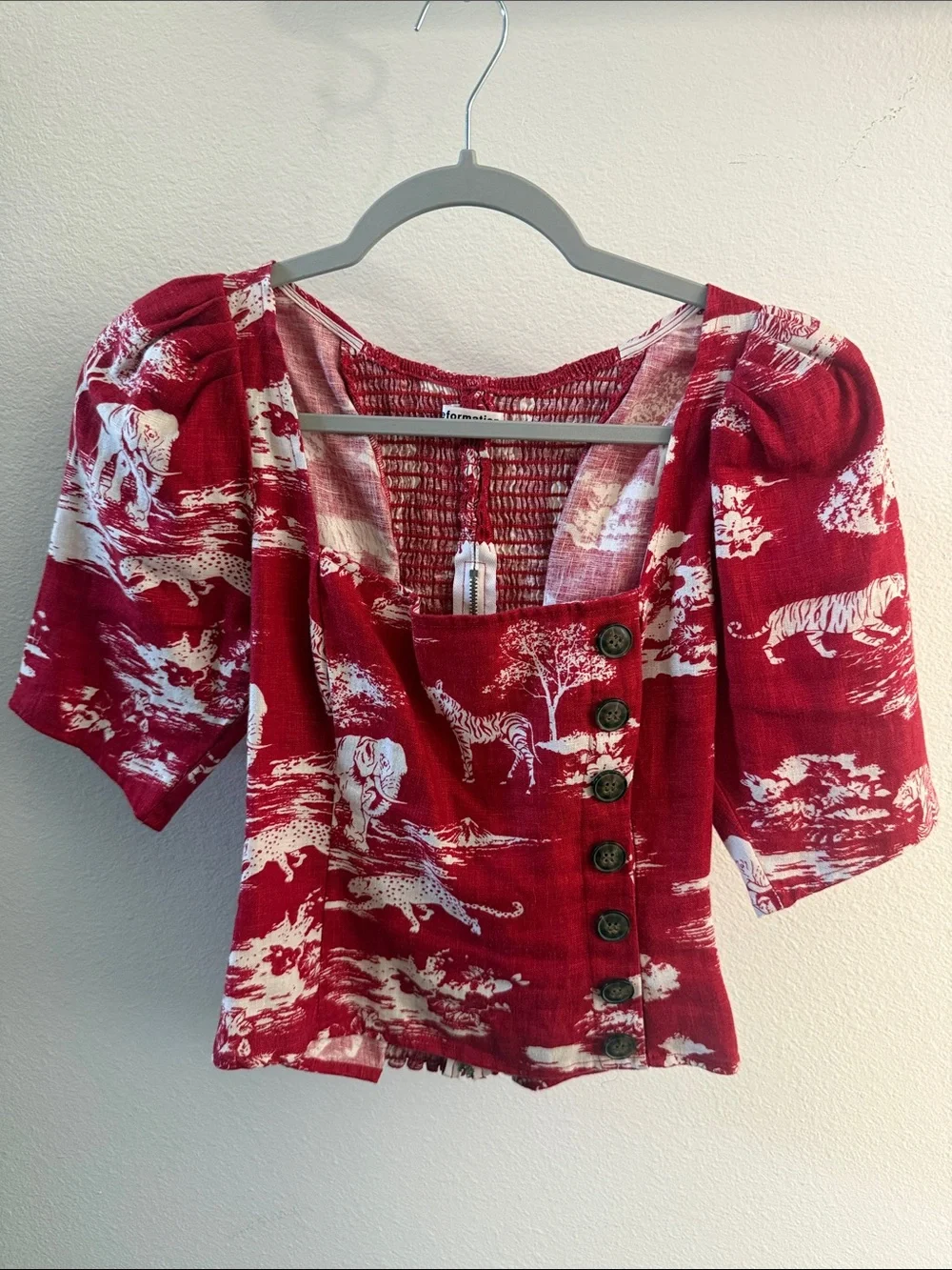 Reformation Red Printed Puff-Sleeve Button Front Top by Free People
